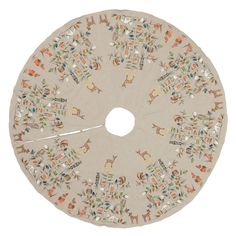 a round rug with animals and trees on the bottom is shown in grey, white, orange, yellow and green colors