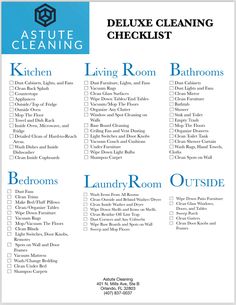 the deluxe cleaning checklist is shown in blue and white