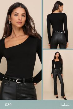 Make your style stand out amongst the crowd with the Lulus Seek Me Out Black Long Sleeve Asymmetrical Bodysuits! Soft and stretchy jersey knit shapes this eye-catching bodysuit that has a fitted bodice, long sleeves, and an asymmetrical neckline. Attached thong bottoms have snap closures. Pair this bodysuit with your favorite high-waisted denim for a twist on a classic look! Fit: This garment fits true to size. Length: Size medium measures 27" from shoulder to hem. Bust: Great for any cup size. Seek Me, Lulu Fashion, Asymmetrical Neckline, Knit Bodysuit, Cup Size, High Waisted Denim, Fitted Bodice, Black Long Sleeve, Classic Looks