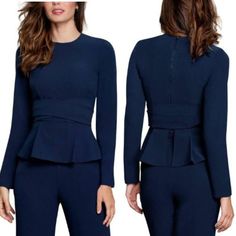 Dress The Population Navy Blue Andreas Long Sleeve Wrap Top Nwt Size 2xs Long Sleeve Zip Closure Peplum Style 97% Polyester 3% Spandex Condition: New With Tags Approximate Measurements (In Inches And Laid Flat): Length: 20 1/2" Pit To Pit 17" Thank You For Checking Out My Closet! Please Let Me Know If You Have Any Questions Ag26 Elegant Long Sleeve Navy Tops, Navy Elegant Long Sleeve Tops, Elegant Navy Long Sleeve Tops, Navy Fitted Top For Night Out, Navy Fitted Tops For Workwear, Navy Chic Fitted Tops, Elegant Fitted Navy Top, Chic Navy Fitted Tops, Blue Fitted Tops For Workwear