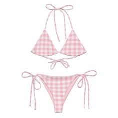 Pink Gingham String Bikini Pink Swimsuit Aesthetic, Cute Bathing Suits Aesthetic, Light Pink Bathing Suit, Kawaiicore Outfit, Aesthetic Bikinis, Swin Suits, Island Party, Summer Board, Pink Bathing Suits