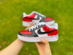 * Hand painted custom Air Force 1 07 Low * Not vinyl, stickers or patches * No returns, refunds or exchanges * Processing time is 2-3 weeks * I cannot expedite orders or make for a specific date * Delivery time depends on country * Cancellations up to 24 hours after purchase * Please try on shoes in a store to make sure you order the correct size * Please order correct size - if you order incorrect size this is your own responsibility * If you order a women's size it is possible you receive the men's option of the same size -the shoes will be the same only the number on the box will differ * Wipe clean only, no washing or picking * Shoes are 100% genuine and can be proven so * Shoes are bought from a genuine retailer, copy of original receipt of purchase can be provided upon request * If y Customizable Red Sneakers With Round Toe, Customizable Red Sneakers, Custom Logo Sneakers With Round Toe For Streetwear, Streetwear Custom Sneakers With Round Toe And Logo, Casual Red Customizable Sneakers, Custom Red Sneakers For Streetwear, Red Custom Sneakers For Streetwear, Customizable Red Sneakers For Streetwear, Custom Red Sneakers With Round Toe