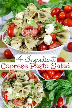 the ingredients for caprese pasta salad in bowls