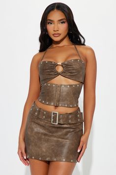 Available In Brown. Faux Leather Skirt Set Hardware Detail Corset Lace Up Back Neck Tie Mini Skirt Belted Invisible Side Zipper Moderate Stretch Self: 100% Polyurethane Backing: 100% Cotton Lining: 95% Polyester 5% Elastane Imported | Saaya Faux Leather Skirt Set in Brown size Small by Fashion Nova Brown Faux Leather Skirt, Leather Skirt Set, Service Women, Corset Lace, Skirt Belt, Faux Leather Skirt, Brown Fashion, Matching Dresses, Side Zipper