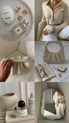 the collage shows several different types of items in white and beige colors, including jewelry