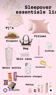 a pink poster with the words sleepover essentials list