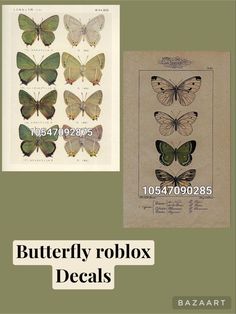 three different butterflies with the words butterfly rolox decals written below them in black and white