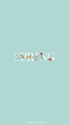 the word spring written in flowers on a blue background