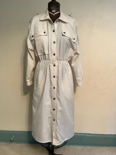 "Vintage 1980's white dress.  'Little g' brand from Brainerd, Minn. Has elastic waist and front pockets.  Padded shoulders and decorative buttons.  Two small spots. Measurements: Bust: 17\" Waist: 26\" stretches to 38\" Sleeve: 19\" Waist to hem: 26\"" Front Button Dress, Brainerd Minnesota, Dress With Collar, Velvet Shirt, Most Beautiful Dresses, Button Front Dress, Decorative Buttons, Button Dress, Collar Dress