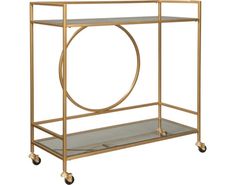 a gold metal and glass shelf with wheels