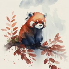 a painting of a red panda sitting on a tree branch with leaves and branches around it