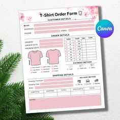 the t - shirt order form is displayed next to a christmas tree with pink flowers