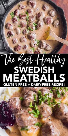 swedish meatballs with gravy and cranberry sauce in a skillet