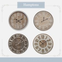 four different clocks with numbers on them and the words hamptons written in black ink