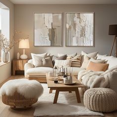 a living room filled with lots of white furniture