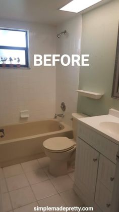 before and after pictures of a bathroom remodel with white tile flooring, tub, toilet and sink