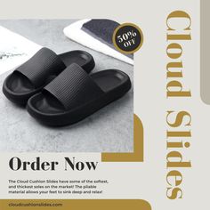 Step into a world of cloud-like comfort with our Cloud Slides! ☁️🩴 Experience the ultimate relaxation for your feet with these luxurious and ultra-soft slides. Crafted with cloud-like cushioning and high-quality materials, they provide a plush and supportive fit. The slip-on design offers convenience and ease, making them perfect for everyday wear. Black Slip-ons With Cushioned Footbed For Summer, Black Open Toe Synthetic Slip-ons, Cushioned Slip-on Flat Slides, Synthetic Slide Slippers, Solid Synthetic Slide Slippers, Solid Color Synthetic Slide Slippers, Synthetic Slide Slippers With Removable Insole, Non-slip Black Slides With Flat Heel, Slip-on Synthetic Slide Slippers