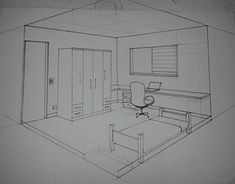 a drawing of a bedroom with a desk and chair in it's center area