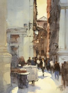 a painting of people walking down a city street