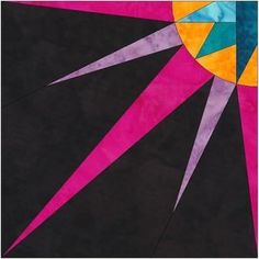 an abstract painting with pink, yellow and blue colors on black paper in the center