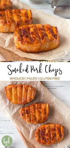 grilled pork chops on parchment paper with text overlay