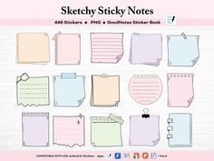 a bunch of sticky notes on a white background with pink and blue paper attached to them