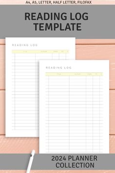 the printable reading log template is shown on top of a wooden table with a pen and