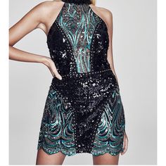 Premium Olivia Halter Neck Sequin Mini Dress. Never Worn. Beautiful In Person. Teal And Black Sequin All Over. Size 8 Fun Clothes, Boohoo Dresses, Over Size, Sequin Mini, Sequin Mini Dress, Black Sequins, Halter Neck, Black Green, Colorful Dresses