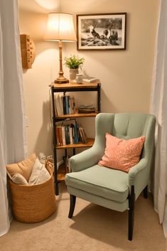 a living room with a chair, lamp and bookshelf