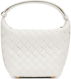 Intrecciato-woven grained calfskin shoulder bag in white. · Adjustable shoulder strap · Bumper studs at base · Zip closure · Buffed calfskin lining · Gold-tone hardware · H6.75 x W8 x D4.5 Supplier color: White/Gold Luxury White Hobo Bag With Leather Handles, Designer White Bags With Intrecciato Weave, Luxury White Woven Leather Shoulder Bag, Luxury White Shoulder Bag With Intrecciato Weave, Designer White Shoulder Bag With Woven Leather, White Leather Hobo Bag With Braided Handles, Luxury White Intrecciato Weave Shoulder Bag, White Top Handle Bag With Intrecciato Weave, Elegant White Shoulder Bag With Intrecciato Weave