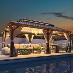 a gazebo with curtains and lights next to a pool