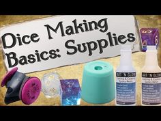 an assortment of crafting supplies with the words dice making basics supplies above it and below it