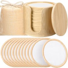 bamboo coasters and napkins are arranged on a white background