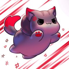 a cartoon cat flying through the air with hearts on its chest and paw prints all over it