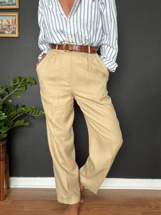 Vintage TALBOTS Linen Blens High Waisted Classic Beige  Trousers Pants 85% Viscose  15% Linen lining 100% Acetate  size 8 flat measurement  waist 14 In hips 22 in length 41,5 in inseam29,5 in Classic Summer Office Bottoms, Classic Spring Trousers, Classic Trousers For Spring, Vintage Summer Workwear Bottoms, Vintage Bottoms For Business Casual In Fall, Vintage Bottoms For Business Casual Fall Season, Vintage Fall Bottoms For Business Casual, Classic High-waisted Pants For Spring, Vintage Business Casual Bottoms For Fall