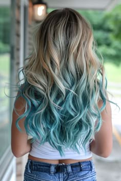 Blue Ends Hair Blonde, Dirty Blonde Hair With Blue Highlights, Blonde Hair With Blue Highlights, Minimalist Hairstyles, Minimalist Hairstyle, Blue Tips Hair, Blonde And Blue Hair, Blue Hair Highlights, Hair Styles Long Hair