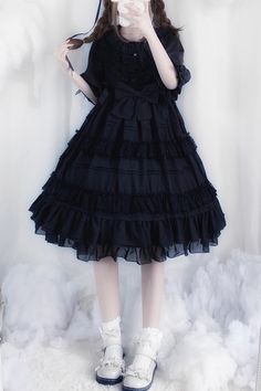 Fabric: Polyester, Lace Style types: Gothic Lolita Season: Spring, Summer, Autumn Include: Dress*1 (Any of the accessory is not included.) Size(IN) Bust Waist Sleeve Length Shoulder Width Length S 34.65 31.50 12.80 14.57 37.40 M 37.01 33.86 12.99 15.04 38.19 L 39.37 36.22 13.19 15.51 38.98 Size(CM) Bust Waist Sleeve Length Shoulder Width Length S 88 80 32.5 37 95 M 94 86 33 38.2 97 L 100 92 33.5 39.4 99 Goth Lolitas, Style Types, Gothic Dolls, J Fashion, Gothic Style, Lace Fashion, Flowy Skirt, Lolita Dress, Gothic Lolita