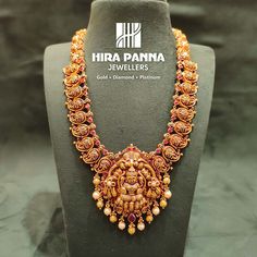 Gold 22k Net Weight 125.905 grams Gross Weight 132.56 grams Stones Used Color Stone Swarovski : 0.38ct Color Stone R&E : 13.05ct S.S Pearl : 19.845ct Mango Haram With Lakshmi Pendant, Mango Haram Designs, Lakshmi Haram, Ruby Necklace Designs, Baby Jewelry Gold