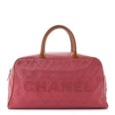 This is an authentic CHANEL Caviar Patent Quilted Large Bowler Bag in Red. This super-chic Chanel duffel is crafted of textured calfskin leather in red. The bag features brown rolled patent leather top handles, stitched detailing on the piping trim, and a stitched Chanel logo on the front. The top zipperopens to a matching leather interior with a zipper pocket. Luxury Pink Bags With Leather Handles, Red Luxury Bags With Leather Handles, Luxury Red Bags With Leather Handles, Chanel Top, Bowler Bag, Red Chanel, Chanel 19, Chanel Tweed, Chanel Logo