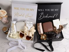 a gift box filled with chocolates and other personal care items next to a bouquet of flowers