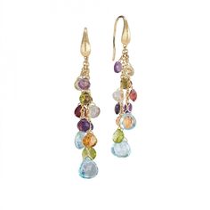 The featured materials for these earrings include 18K yellow gold, topaz as the primary gemstone, and a mix of secondary gemstones. The primary color is a vivid blue, and the design is part of the Paradise collection. Marco Bicego Jewelry, Silver Sisters, Golden Beads, Trending Bracelets, Round Diamond Setting, Marco Bicego, Contemporary Earrings, The Paradise, Tiny Hand