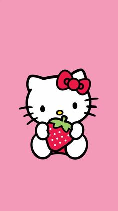 a hello kitty holding a strawberry on a pink background