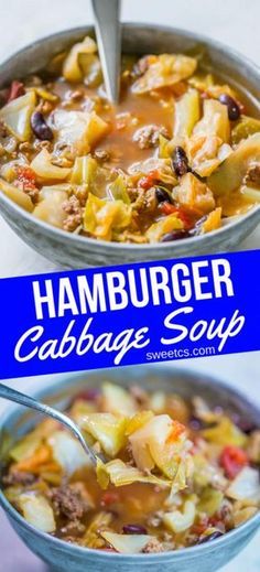 hamburger cabbage soup in a blue bowl with a spoon and the title overlay reads, hamburger cabbage soup