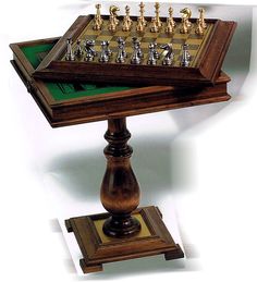 a wooden chess set sitting on top of a table