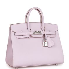 Hermes Birkin Sellier 25 Mauve Pale Epsom Palladium Hardware This Sellier Birkin is in Mauve Pale epsom leather with palladium hardware and has tonal stitching,front flap, two straps with center toggle closure, clochette with lock and two keys, and double rolled handles.The interior is lined with Mauve Pale chevre and has one zip pocket with an Hermes engraved zipper pull and an open pocket on the opposite side.Collection: UOrigin: FranceCondition: Pristine; new or never worn (Plastic on hardwar Hermes Birkin 25 Pink, Sellier Birkin, Hermes Birkin Sellier, Birkin Sellier, Mauve Sylvestre, Bag Wishlist, Birkin Bags, Hermes Box, Jane Birkin