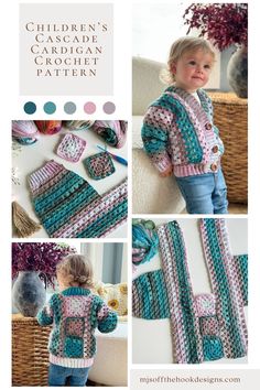 a child's crochet sweater and booties with the text, children's cascade afghan pattern