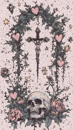 a cross with roses and a skull in the middle is surrounded by flowers, leaves and hearts