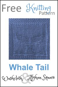 the free knitting pattern for whale tail and afghan square is shown in blue with text that reads