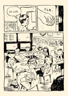 a comic strip with children sitting at a table and one person standing in front of them