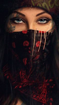 a woman's face covered by a mask with blood dripping down the middle and eyes